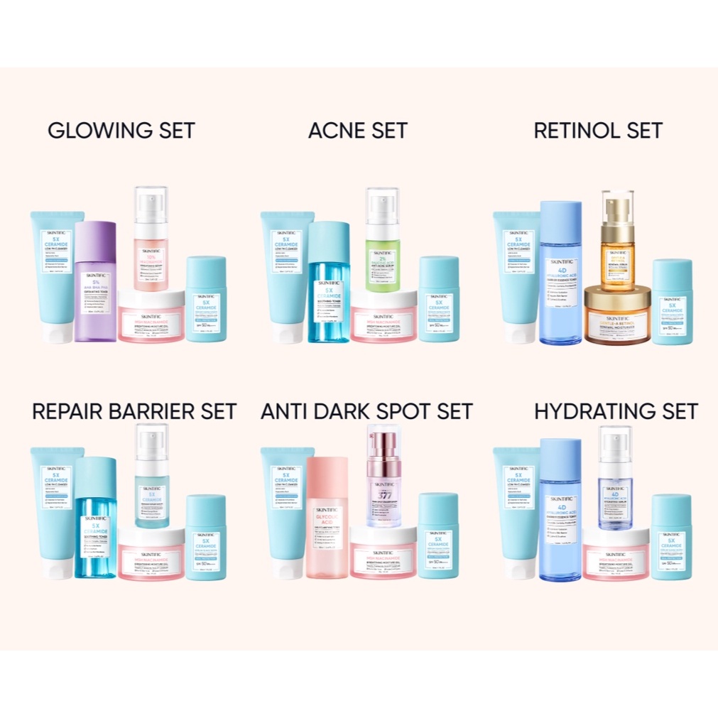 SKINTIFIC 5pcs Paket Sunscreen tabir surya + MSH Niacinamide Moisturizer Gel pelembab Facial Cream Krim Wajah + Low pH Cleanser + Exfoliating Toner / Soothing Toner + Brightening Serum / Anti Acne Serum / Barrier Repair Serum / Hydrating Serum Serum Wajah