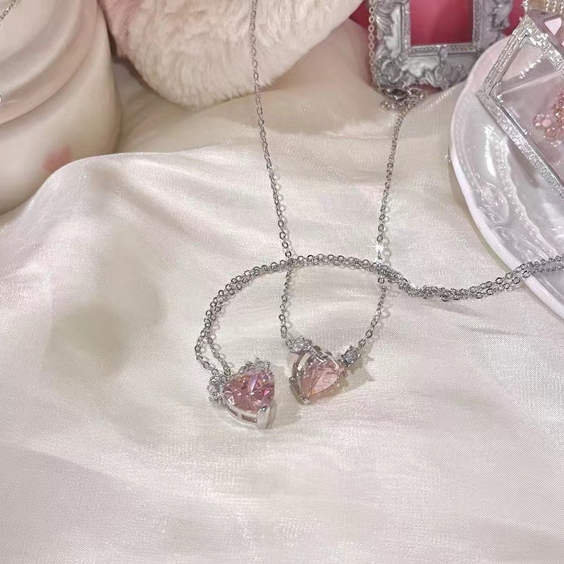 Fashion Kalung Rantai Hati Kristal Pink Liontin Elegan Untuk Aksesoris Perhiasan Wanita