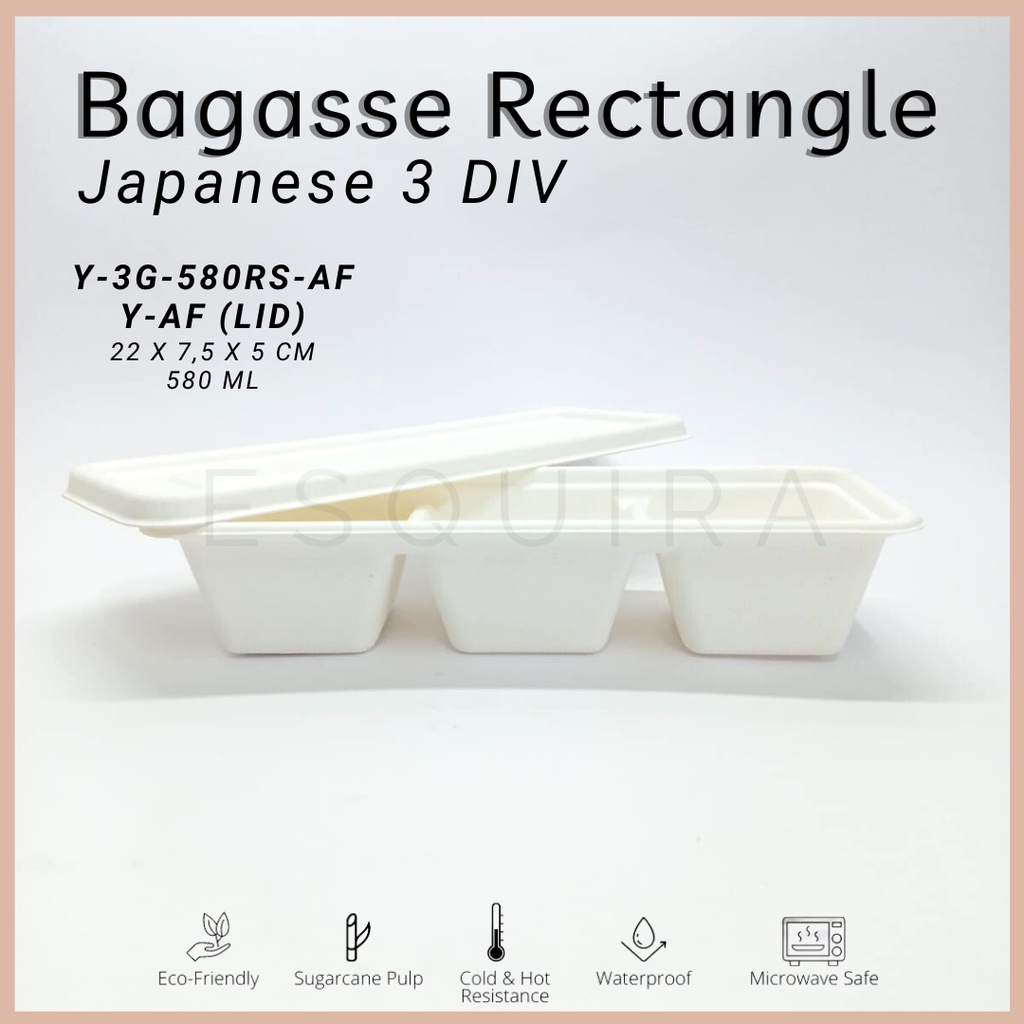 Bagasse Rectangle Japanese 3 DIV / Lunch Box /  Packaging makanan Serat Tebu / 10 Pcs / Y-3G-580RS-AF/Y-AF