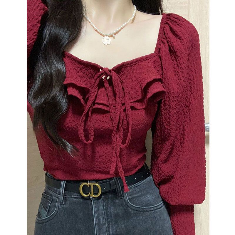 Red French square collar red shirt wanita musim gugur rasa desain ceruk ramping gaya barat gaya pendek cantik kemeja wanita kecil