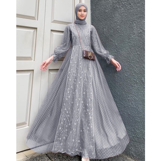 ELDE 12 - Maxi Venna Maxy Terusan Bahan Tile Mutiara Lapis Velvet dan Kombi Tile Onde Bagian Blkg Polos Velvet, Sleting dan Karet Blkg