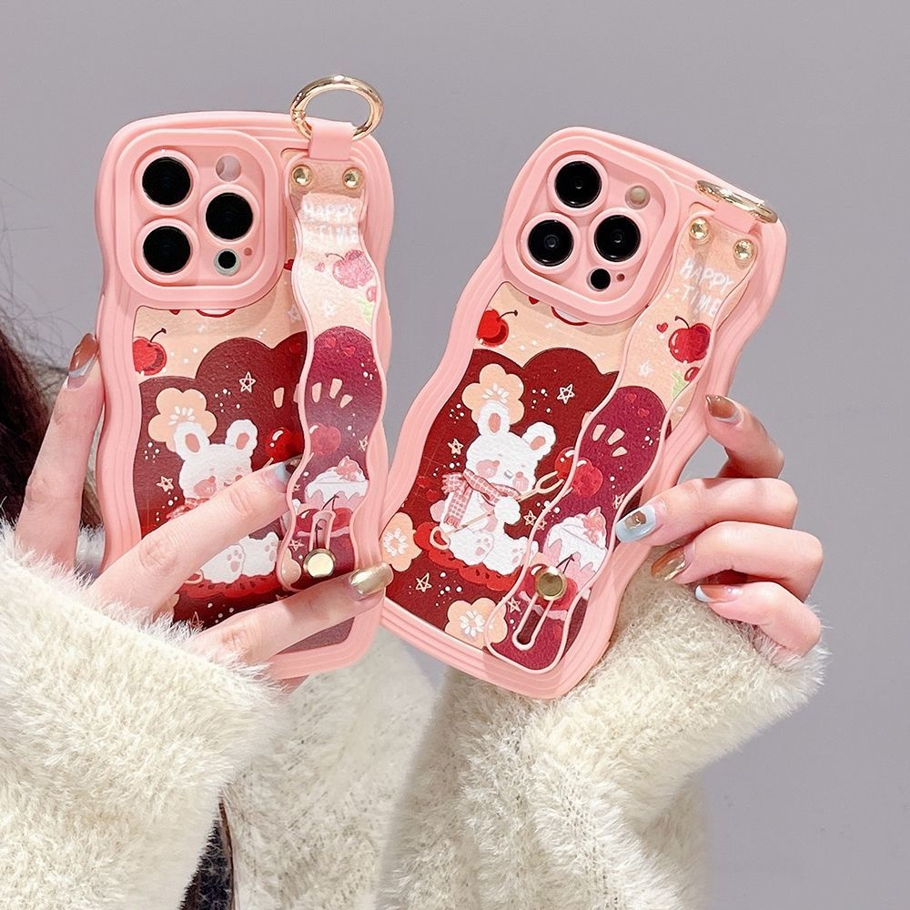 IPHONE Casing Ponsel Desain Bentuk Gelombang Kelinci Cherry Pink Kompatibel Dengan Iphone12 13 14 11 Pro Max X Xs Max Xr Qwsdx
