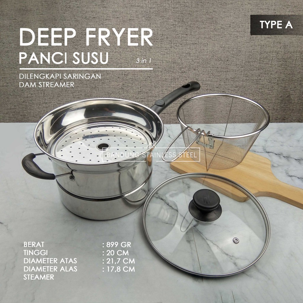 Panci susu deep fryer goreng kukus masak steamer saringan multifungsi 3in1 22cm divastore