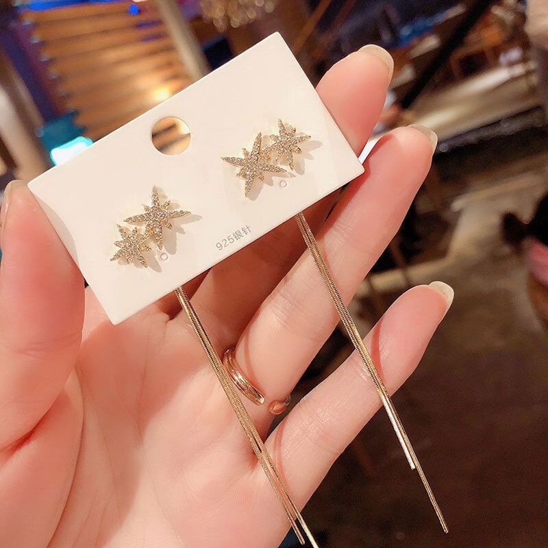 Jarum Perak925 Satu Jarum Dua Memakai Anting Rumbai Panjang Unik All-Match Double Eight-Pointed Star Earrings Influencer Face @