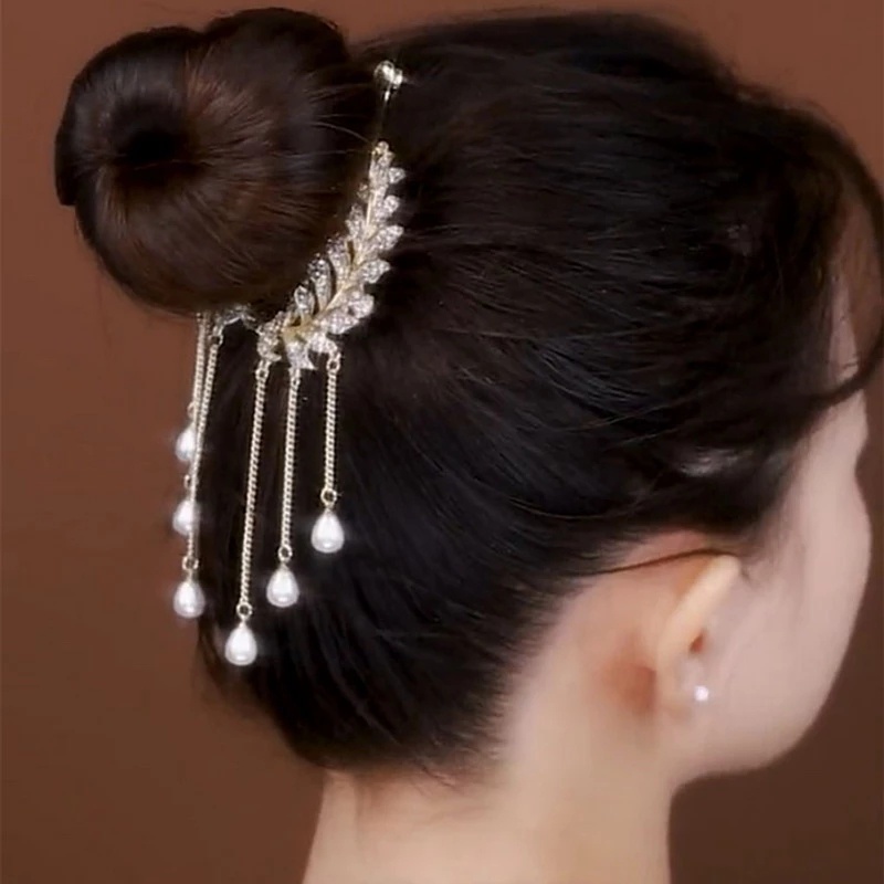 Mewah Berlian Imitasi Mengkilap Rumbai Ponytail Clip Hair Clip Vintage Pearl Hair Clip Bridal Hiasan Kepala Hiasan Rambut