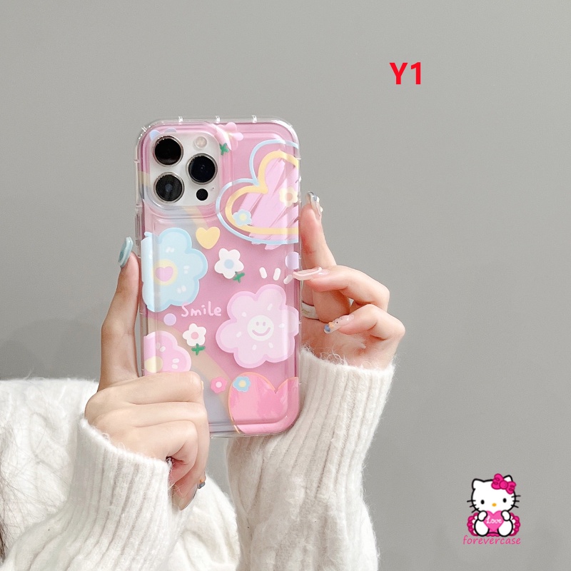 IPHONE Ins Korea Lucu Senyum Casing Kompatibel Untuk Iphone7 8 6 6S Plus XR 11 14 13 12 Pro MAX X XS MAX Segar Cat Air Bunga Awan Cinta Hati Lembut TPU Shockproof Airbag Case