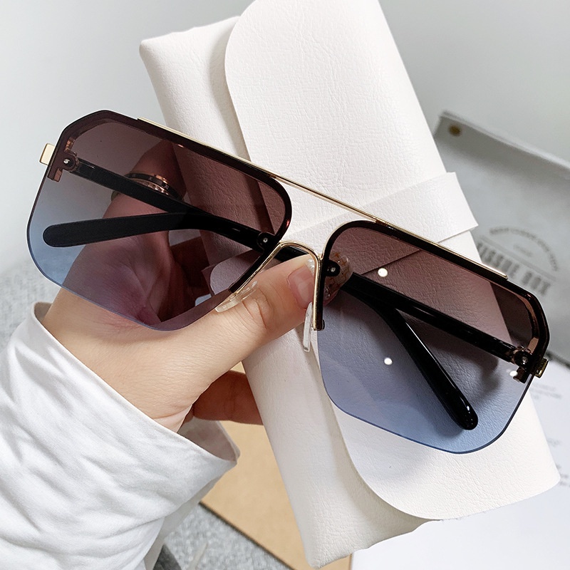 Double Beam Square Sunglasses Half Rimmed Sunglasses Kacamata Hitam Mengemudi Eropa Dan Amerika Untuk Pria Dan Wanita