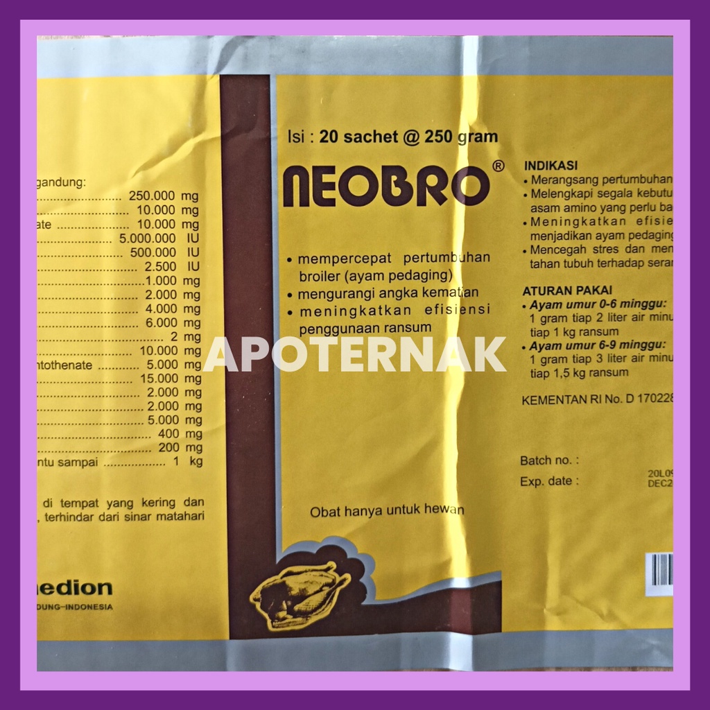 NEOBRO 250 gr | Multivitamin Penambah Berat Bobot Penggemuk Ayam Broiler Pedaging dan Unggas | Neo Bro | MEDION