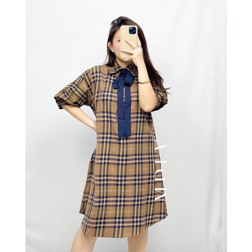 Tie Neck Mini Dress Korea Lengan Pendek Motif Kotak