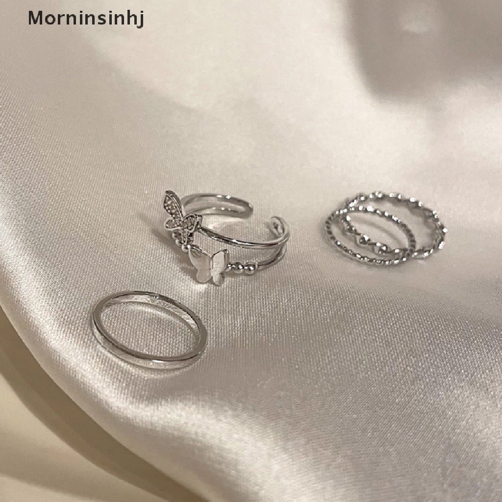 Mornin 3/4/5PCS Butterfly Metal Punk Rings Set Stackable Joint Finger Rings Adjustable Untuk Wanita Pria Perhiasan Jari Pesta Hadiah Aksesoris Perempuan Jari Telunjuk Cincin id