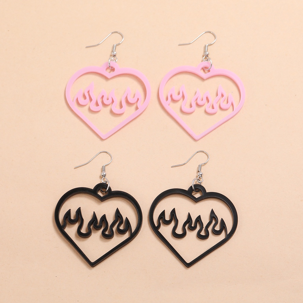 Manis, Segar Dan Sederhana, Duawarna Akrilik Hitam Dan Merah Muda Berongga Cinta Spark Flame Earrings