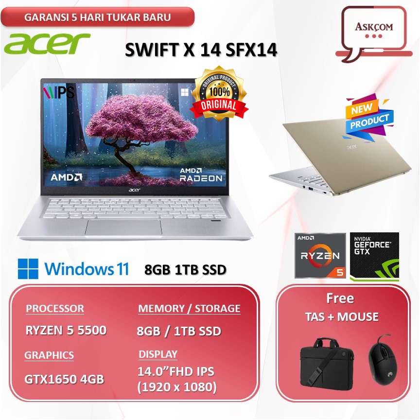 Laptop Gaming Acer Swift X 14 SFX14 GTX1650 4GB RYZEN 5 5500 RAM 24GB 1TB SSD W11 14.0FHD IPS