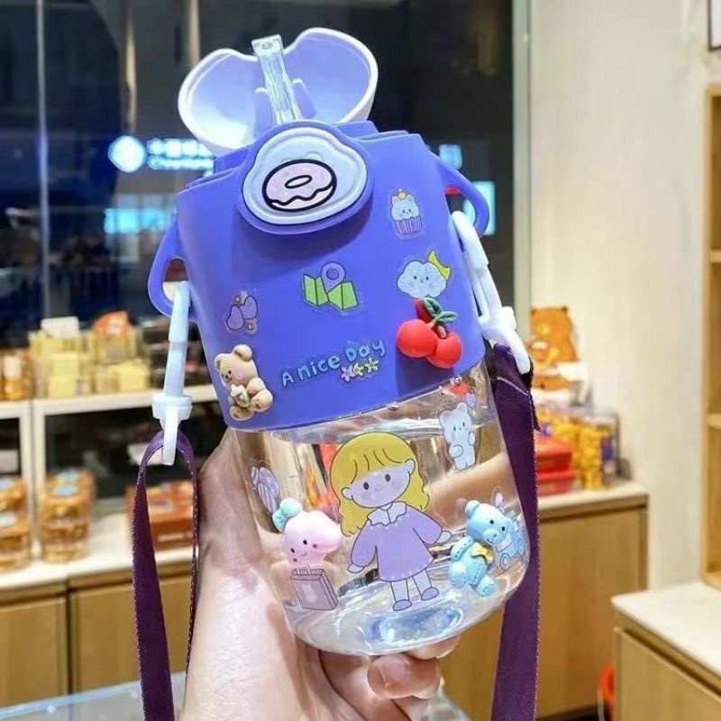 Botol Minum / Tempat Minum Anak Lucu Animasi Kartun Include Sedotan Dan Tali