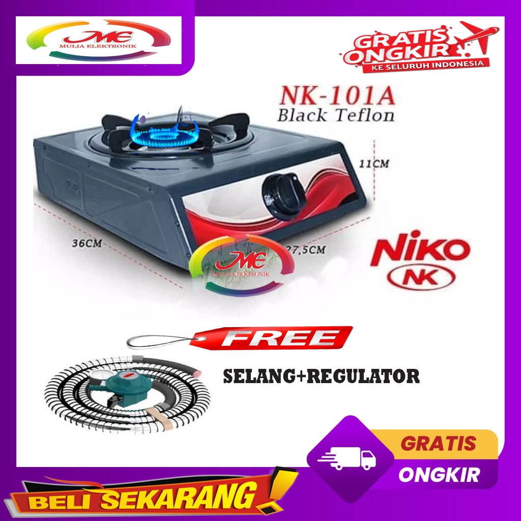 Kompor SNI Gas Niko 1 tungku stainles+selang regulator paket