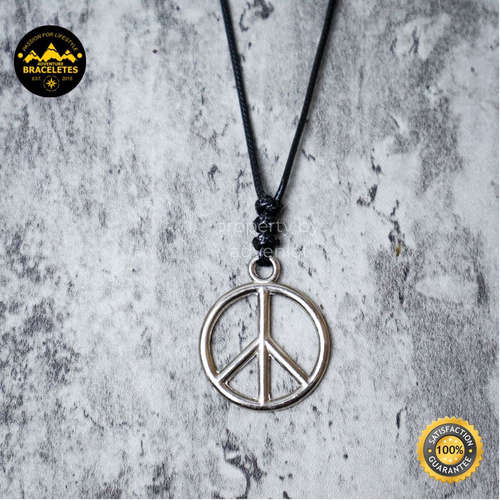 Kalung Tali Pria Bandul Liontin Peace Piss Silver Perak Metalik Necklace