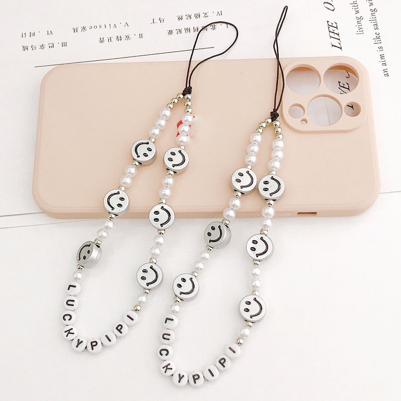 Warna Silver Smile Face Bulat Manik-Manik Mutiara Rantai Anti Hilang Untuk iPhone Android OPPO VIVO Huawei Xiaomi Redmi Samsung Semua Ponsel Earphone Cases Tali