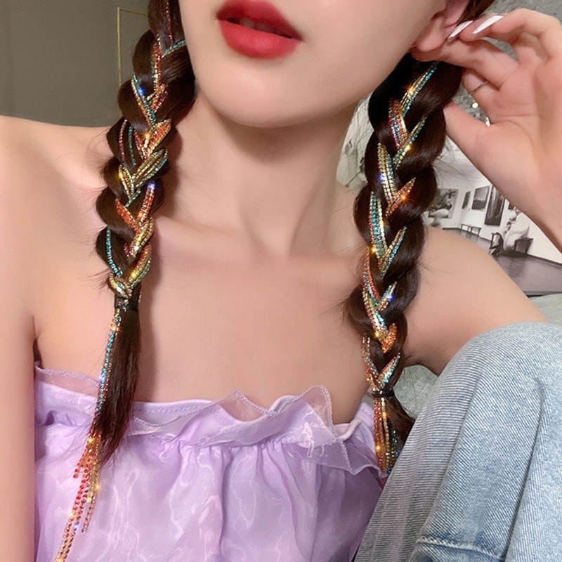 Ikat Rambut Kepang Kristal Sparkly Warna-Warni/Rantai Berlian Rumbai Temperamen Fashion Untuk Wanita Gadis Dekorasi Ponytail