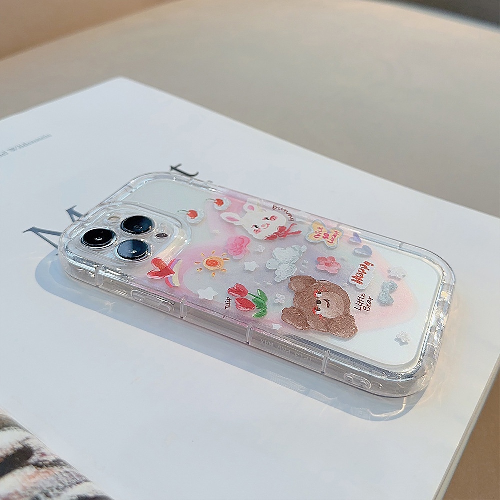 IPHONE Ins Hewan Lucu Lukisan Minyak Beruang Dan Kelinci Shockproof Transparan Ponsel TPU Soft Case Cover Untuk Iphone11 12 13 14 PRO MAX