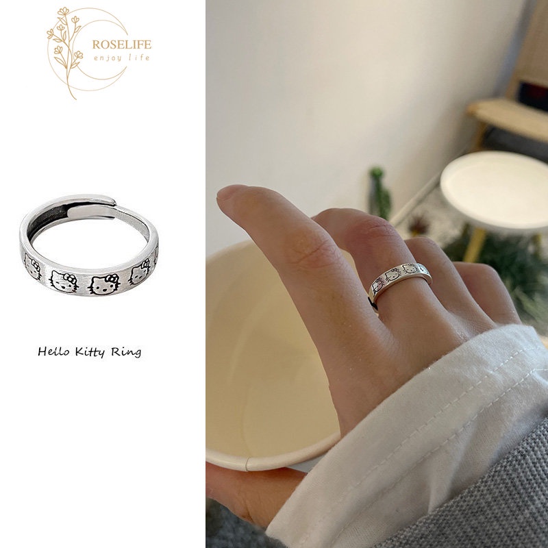 Roselife Korea Retro Perak Adjustable Kartun Hello Kitty Cincin Untuk Wanita Gadis Kucing Yang Indah Kitten Jari Cincin Untuk Teman Fashion Perhiasan Hadiah