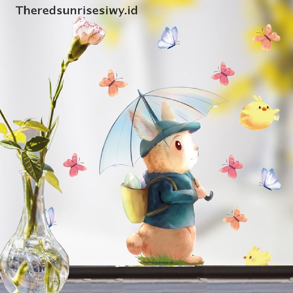 # Baju Lebaran # 1pc Stiker Jendela Kaca Happy Easter Colorful Bunny Eggs Wall Decal 20x30cm~