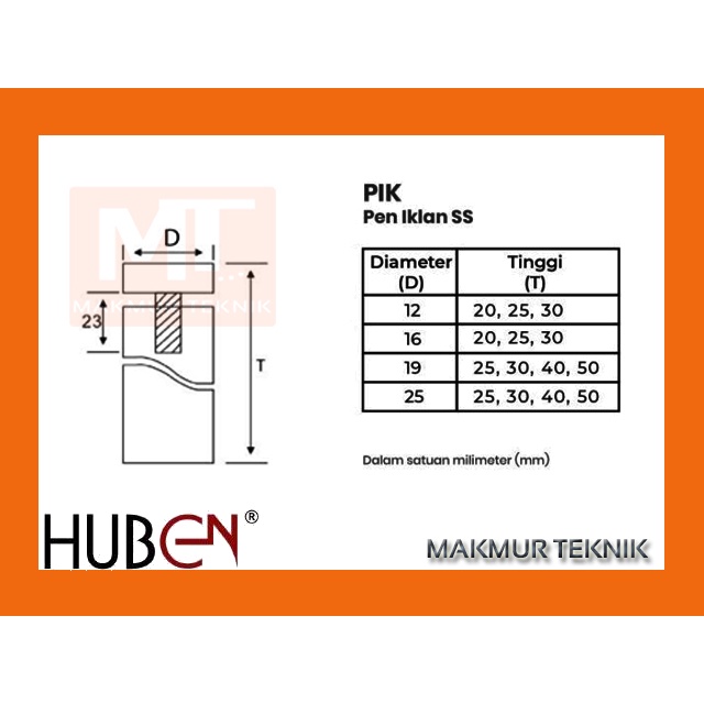 Pen Iklan 16x30 Huben Baut Sekrup Kaca Akrilik