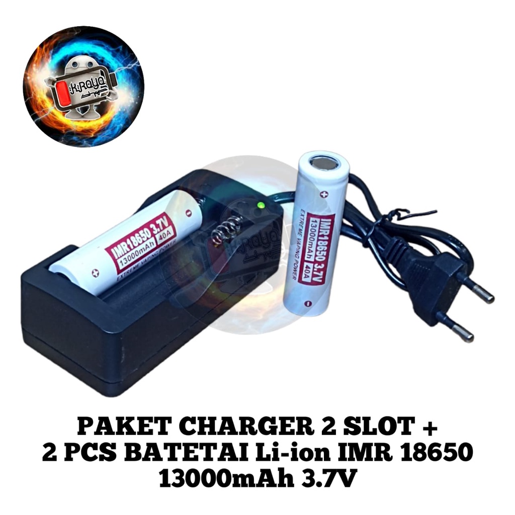 Paket Adaptor Charger + 2 PCS Baterai IMR  18650 13000mAh 3.7V Warna Putih FLATTOP