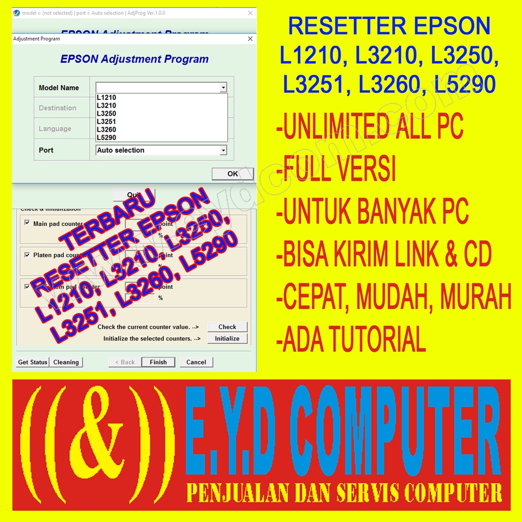 PROMO RESETTER EPSON L1210, L3210, L3250, L3251, L3260, L5290 UNLIMITED ALL PC RESETTER RESET RESETE