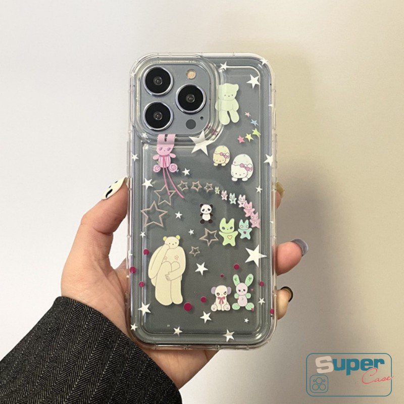 IPHONE Bening Lembut Silicon TPU Case Kompatibel Untuk Iphone7 8 6 6s Plus 11 13 14 12 Pro MAX XR X XS MAX SE 2020 Ins Graffiti Lucu Kartun Lovely Star Bear Airbag Shockproof Back Cover