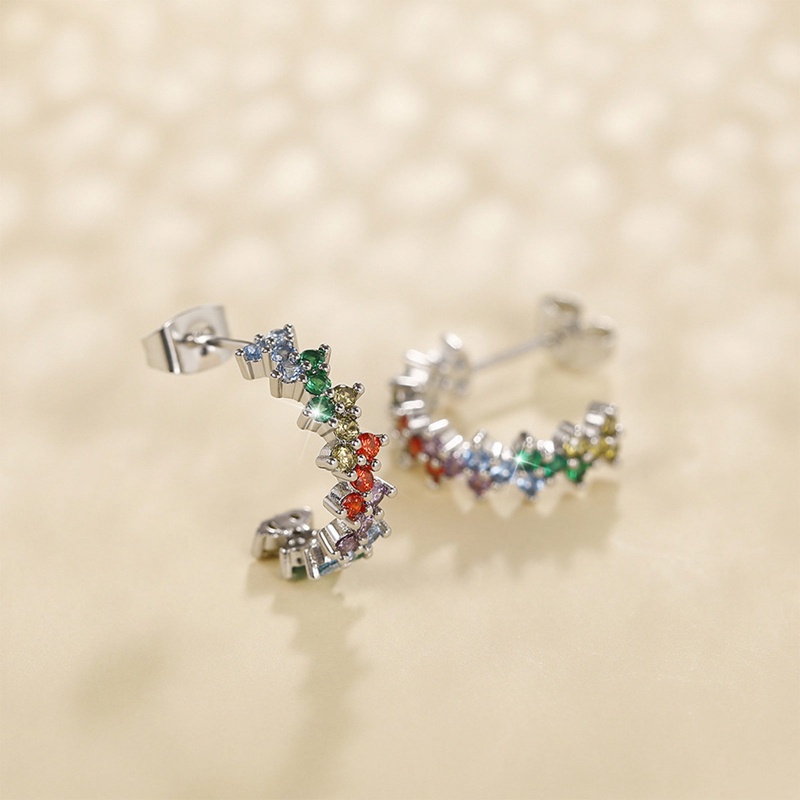 Fancy Rainbow Color Hoop Earrings Untuk Wanita Warna Perak Mempesona Cubic Zirconia Sederhana Bergaya Perempuan Anting Hadiah Fashion Perhiasan