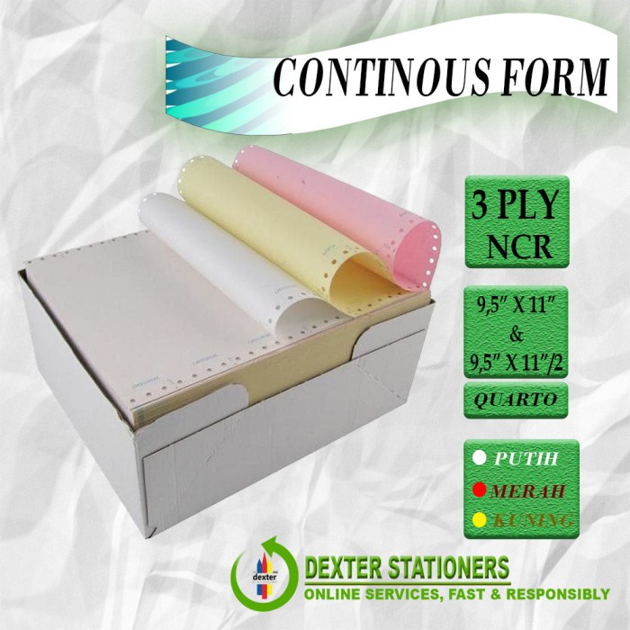 

Terlaris Kertas Continous Form 3 Ply / Rangkap 3 9.5"X11" Cf K3 Kertas Komputer