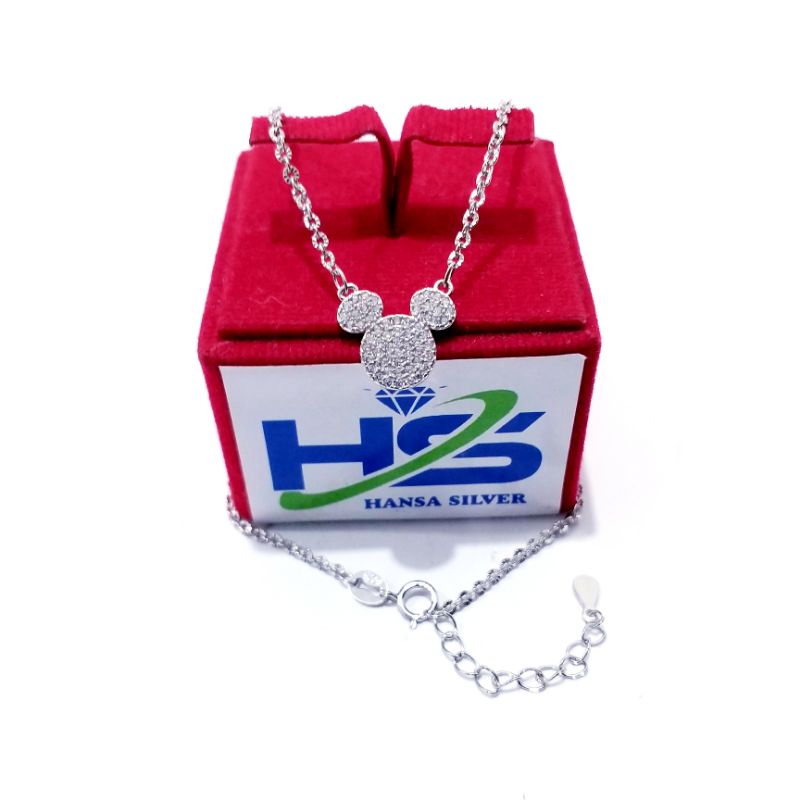 Kalung Perak Anak Asli Silver 925 Lapis Emas Putih Model Koye Rantai Nori Ukir Liontin Mickey Mouse Permata Putih