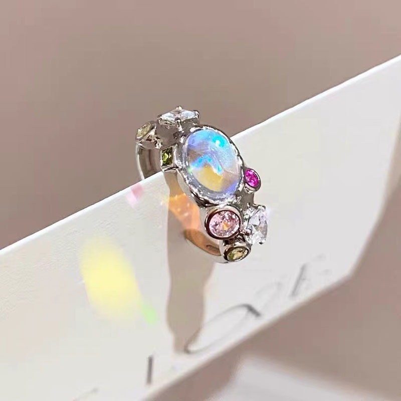 Cincin Silver Open Ring Colorful Moonstone Zircon Untuk Wanita Perhiasan Aksesoris Mewah