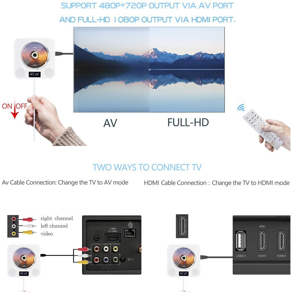 Portable Bluetooth DVD / CD Player, Wall-Mounted DVDs Player, Dual Pull Switch, Music Player Dukunga