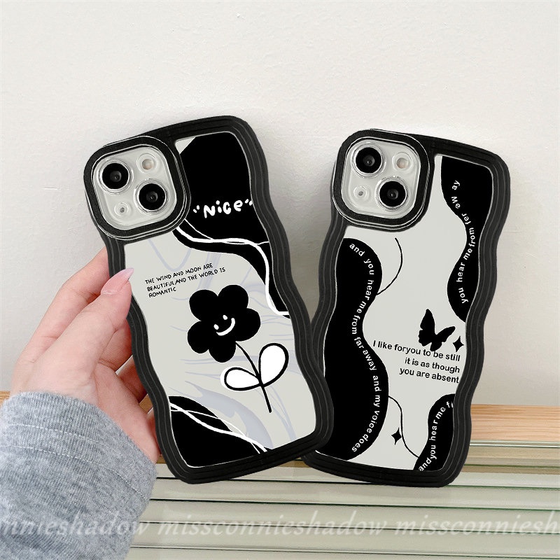 Casing OPPO A17K A15 A17 A16 A55 A54 A76 A96 A95 A5 A9 A16s A74 A52 A5s A7 A12 A57 A77 A16K A3s A77s A1k A53 Reno 8Z 7 8 7Z 6 Black Retro Flower Butterfly Wavy Edge Soft Back Sarung