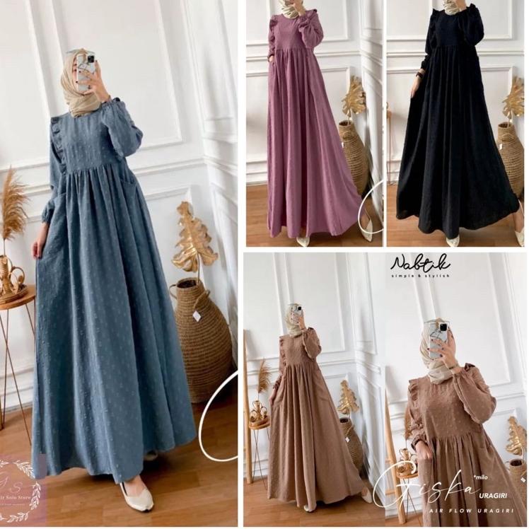 Booming Gamis Dress Maxy Giska,Cika,Mola Crinkle Airflow Uragiri Oversize  Terbaru Ld 100-1120cm
