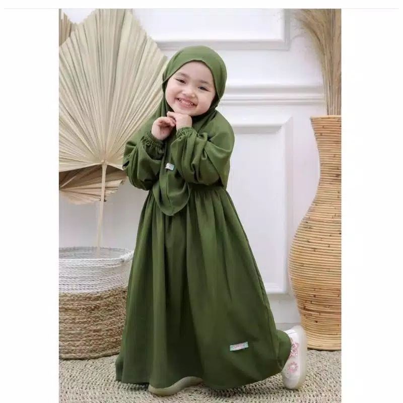 GAMIS ANAK NAIRA SYAR'I 1-10 TAHUN & JILBAB WARNA HIJAU ARMY BUSANA MUSLIM BAYI BALITA GAMIS DRESS L
