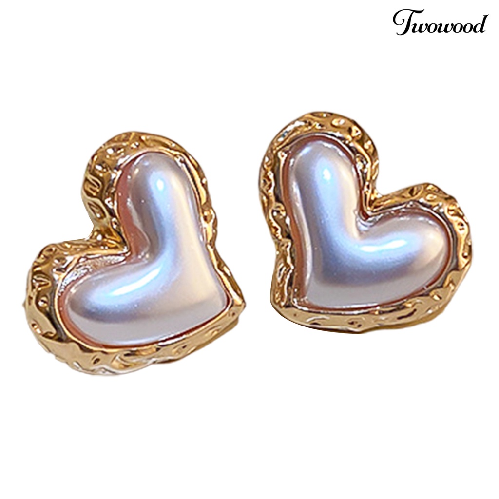 Twowood Women Ear Studs Gradient Heart-Berbentuk Cahaya Mewah Perak Wanita Kepribadian Fashion Faux Pearl Stud Earrings Pakaian Sehari-Hari