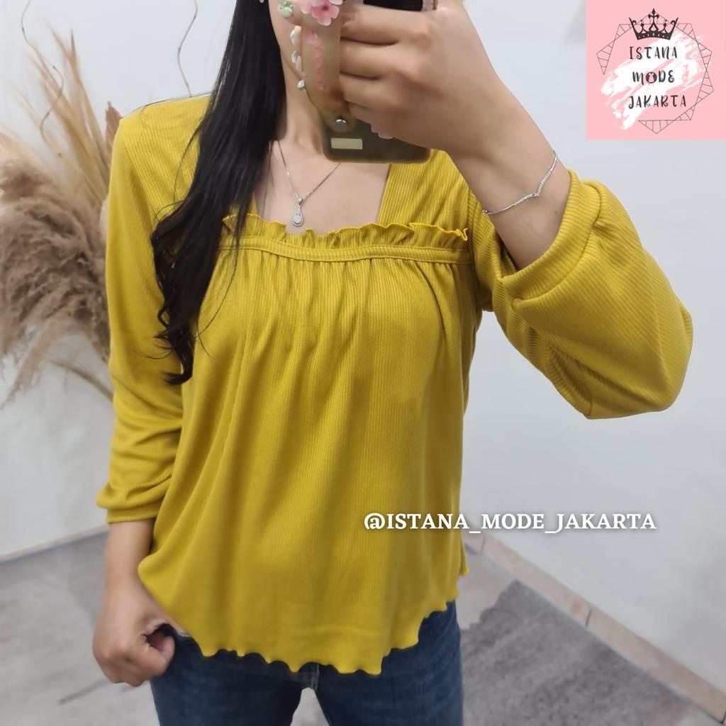 IMJ LAURA Rajut Ruffle Blouse Premium - Baju Atasan Wanita Lengan Panjang All Size Fit to XL