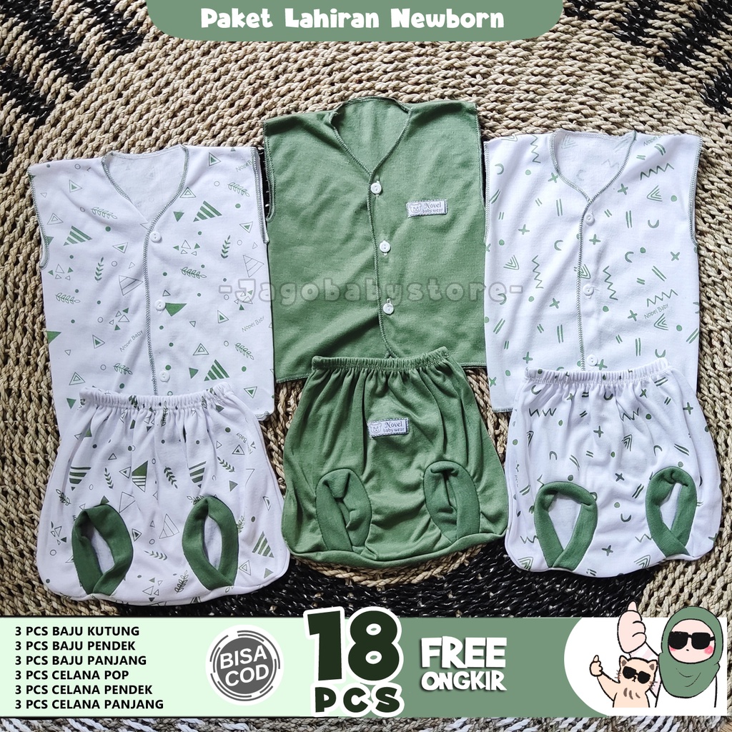 18 Pcs Paket Lahiran Baju Bayi Newborn Motif Hijau Tua