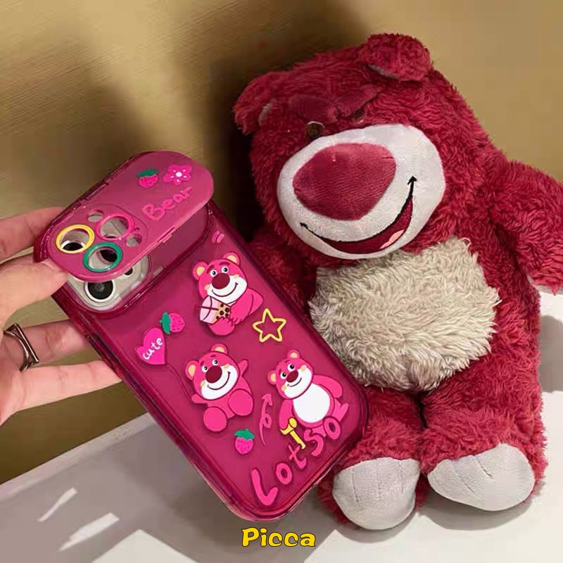 IPHONE Rose Red Cute Kartun Manyo Strawberry Bear Phone Case Kompatibel Untuk Iphone14 Pro Max7 8 14 Plus XR 11 13 12 14 Pro MAX X XS MAX SE Kreatif Flip Make Up Cermin Lembut TPU Case