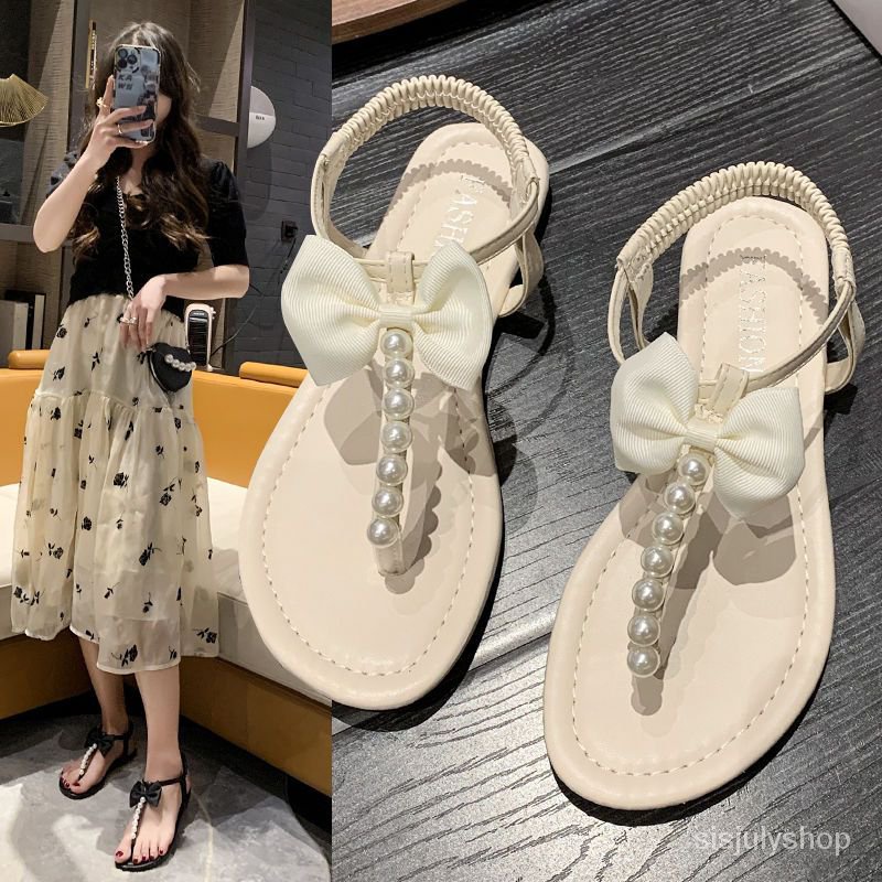 [✅BISA COD] #Sisjuly# Sandal wanita bagian bawah datar baru sepatu wanita klip pita mutiara klip sep