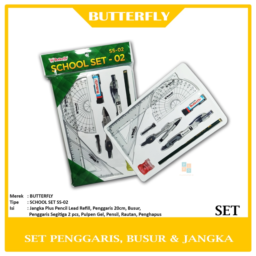 

BUTTERFLY - Jangka Penggaris Lengkap Plus Refill Pensil Mechanical SS 02 - Set