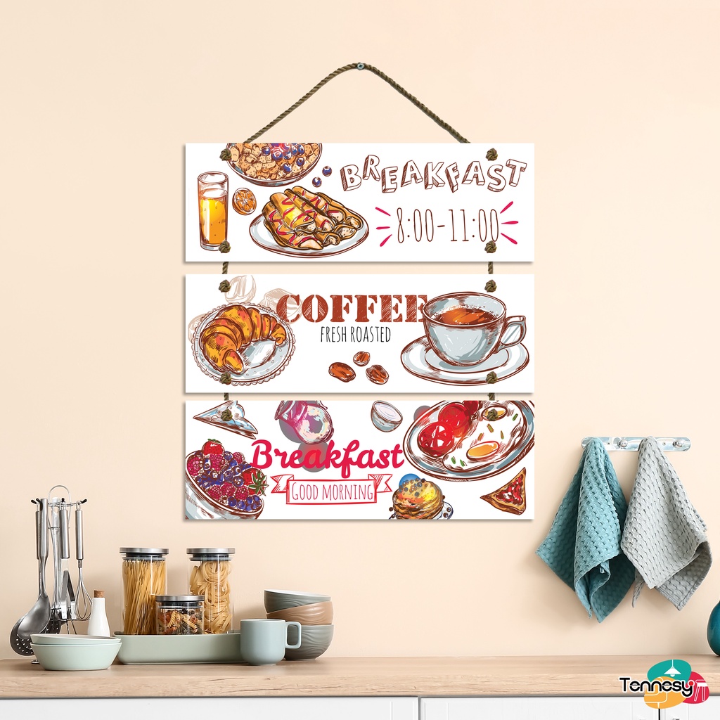 TENNESY Hiasan Dinding Dapur Coffee Breakfast 3 Susun Dekorasi Dinding Dapur Kitchen Pajangan Kayu Poster Dekorasi Rumah