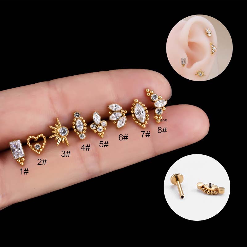 1buah Hypoallergenic G23 Bahan Titanium Steel Dengan Zirkon Hati Bentuk Mahkota Tulang Rawan Helix Stud Anting Tindik 16Gauge Stainless Steel