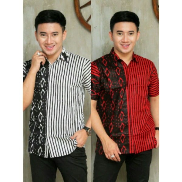 Hem Cowok Lengan Pendek Lurik Katun Batik Pria Kombinasi Polos Kemeja Batik Pria Kekinian Terbaru