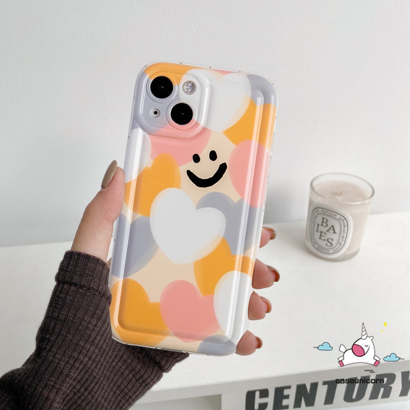 IPHONE Case Pelindung Kamera Kompatibel Untuk Iphone6 6S 7 8 Plus 11 14 13 12 Pro MAX XR X XS MAX Kartun Smiley Warna-Warni Cinta Hati Lembut TPU Silicon Shockproof Airbag Penutup Belakang