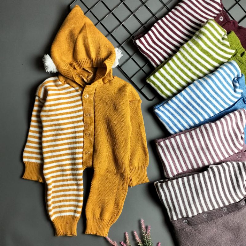 jumper rajut hoodie bayi 0-6 bulan motif salur kombinasi pompom