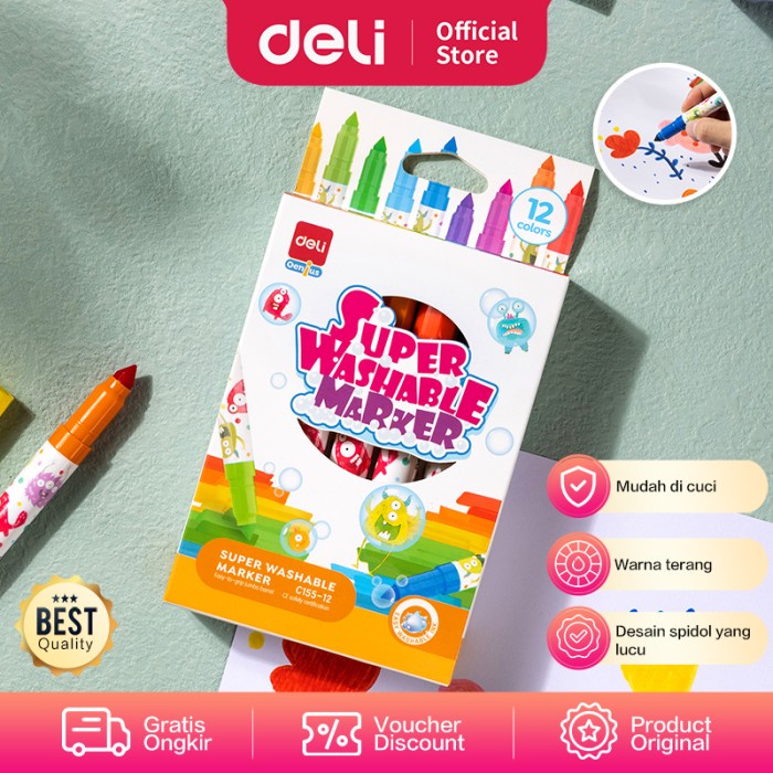 

Terlaris Deli Washable Marker Spidol Warna Anak 12 24 Warna Mudah Dicuci Ec155