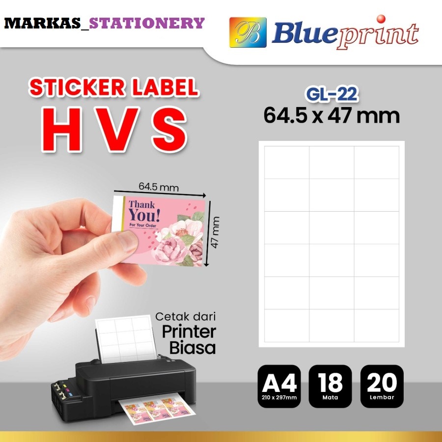 

Kertas Stiker Label HVS Doff A4 BLUEPRINT Uk 64,5x47 mm - 20 lembar