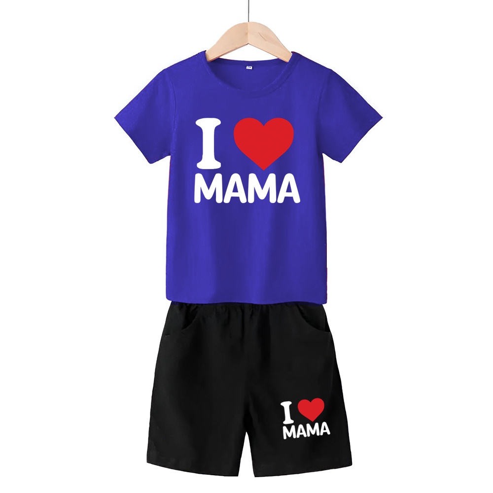 Baju Stelan 3/4 Anak Love Mom Cowok Cewek  Usia 1 - 4 Tahun Celana Pendek Harian